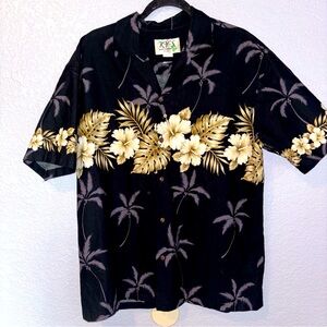 Vintage Ky’s Hawaiian Short Sleeve Button down Shirt Size L Palm trees flowers